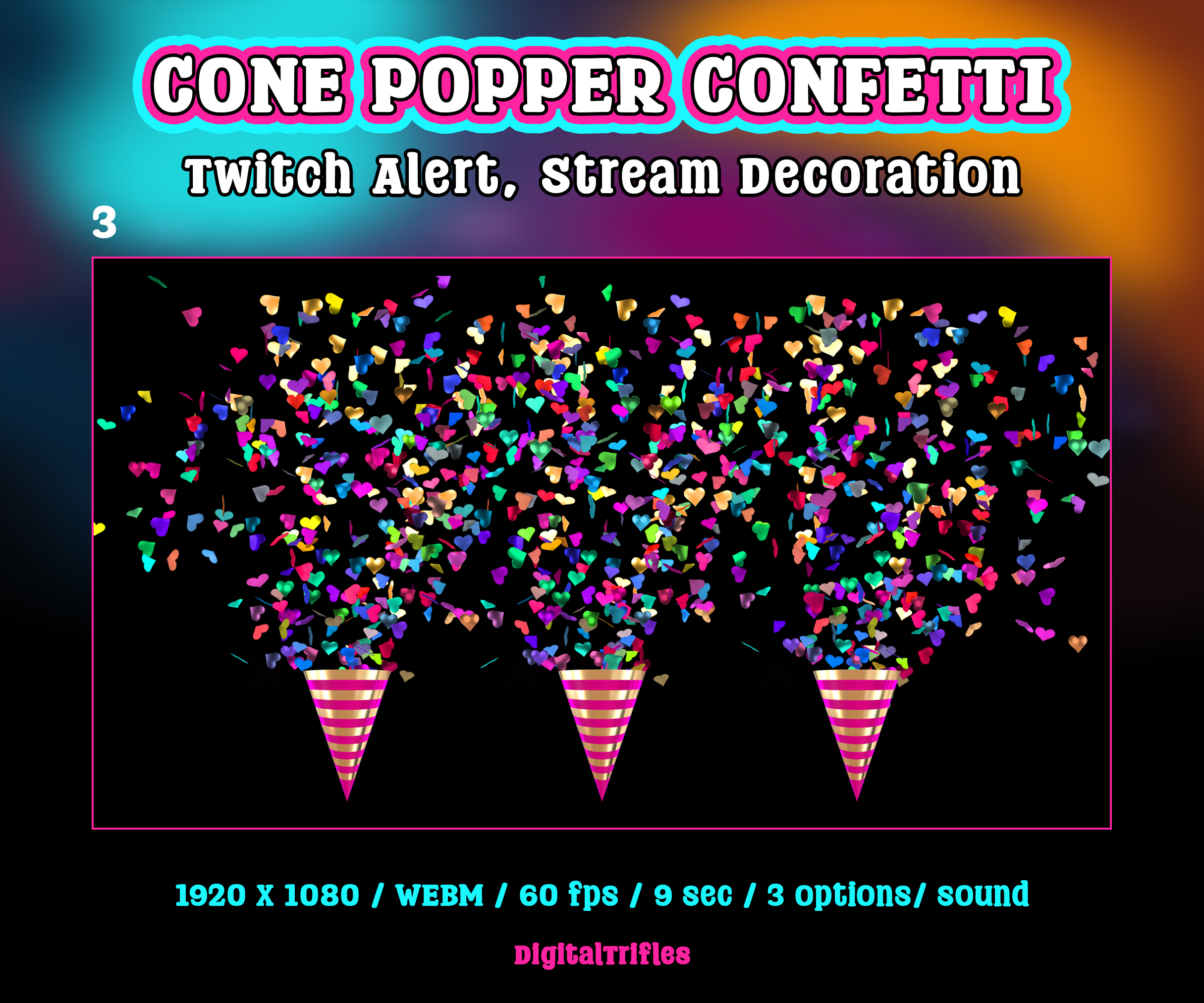 Animated confetti cannon Twitch alert for streamers and VTubers. Suitable for stream celebration moments such as raids, milestones, donations, or special stream events