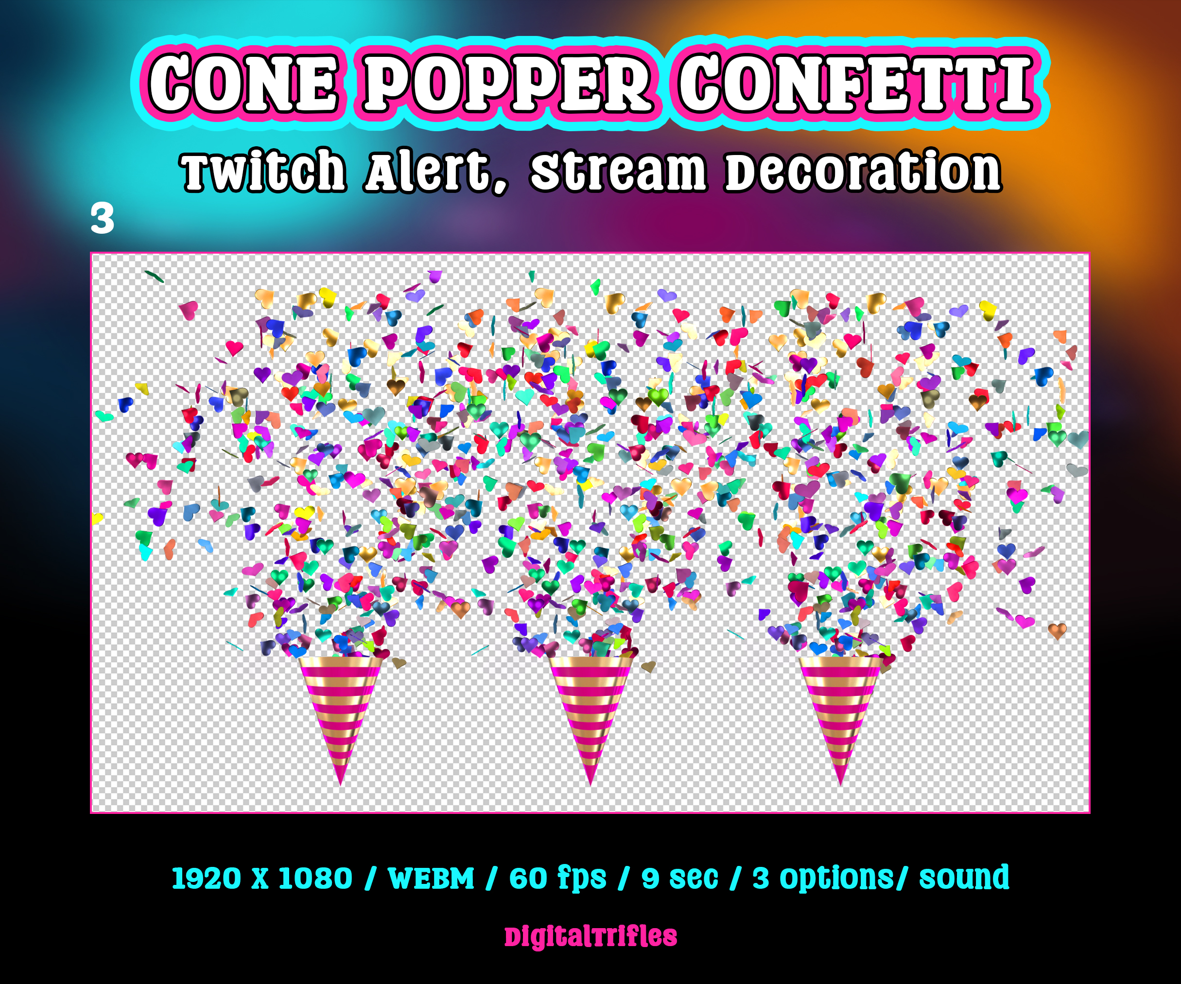 Animated confetti cannon Twitch alert for streamers and VTubers. Suitable for stream celebration moments such as raids, milestones, donations, or special stream events