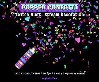 Heart confetti cannon, animated Twitch alert for streamers and VTubers, 3 designs. Suitable for stream celebration moments such as raids, milestones, donations, or special stream events