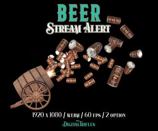 Animated stream alerts with flying beer cans and a barrel cannon launcher. Fullscreen Twitch overlay with transparent background and sound, featuring two variations: beer cans launching into the air and beer cans firing from a large barrel cannon. A fun celebration alert to mark support from your viewers