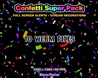 3D multicolor confetti Twitch alerts and fullscreen stream overlays. A high-value pack offering a wide range of confetti animations in one set. Bright animated confetti with dynamic falling and burst effects, suitable for both alerts and stream decoration