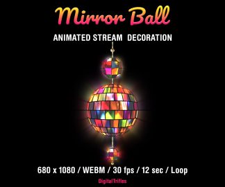 Disco ball Twitch overlay with a rotating mirror ball and sparkling light reflections. Animated loop stream decoration with transparent background, designed for music streams, dancing, karaoke, gaming, and Just Chatting