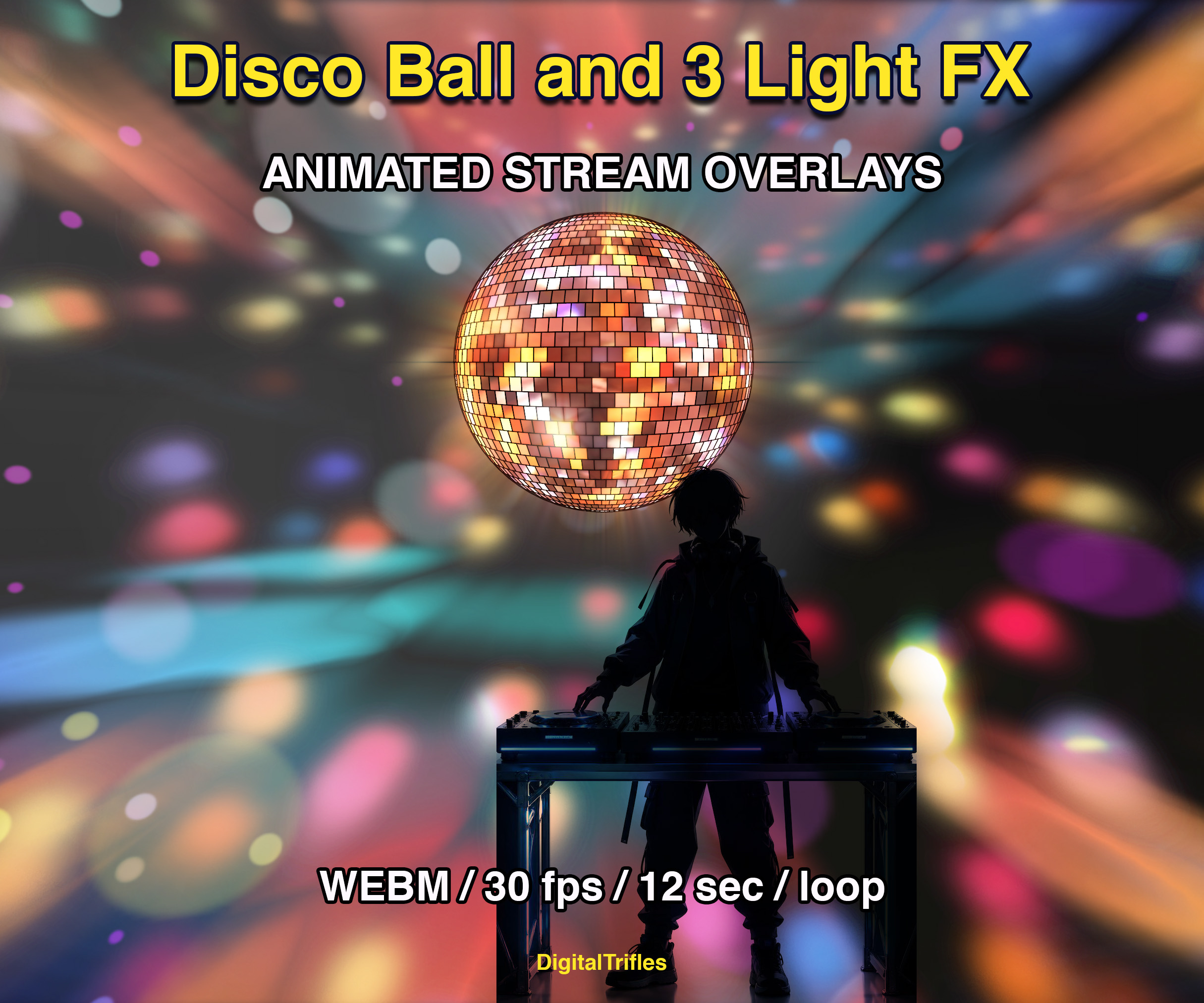 Animated stage light overlay package for streamers and VTubers. This pack brings dynamic light beams and effects, creating a vivid and professional stage look. And also a cool animated disco ball with golden glitter