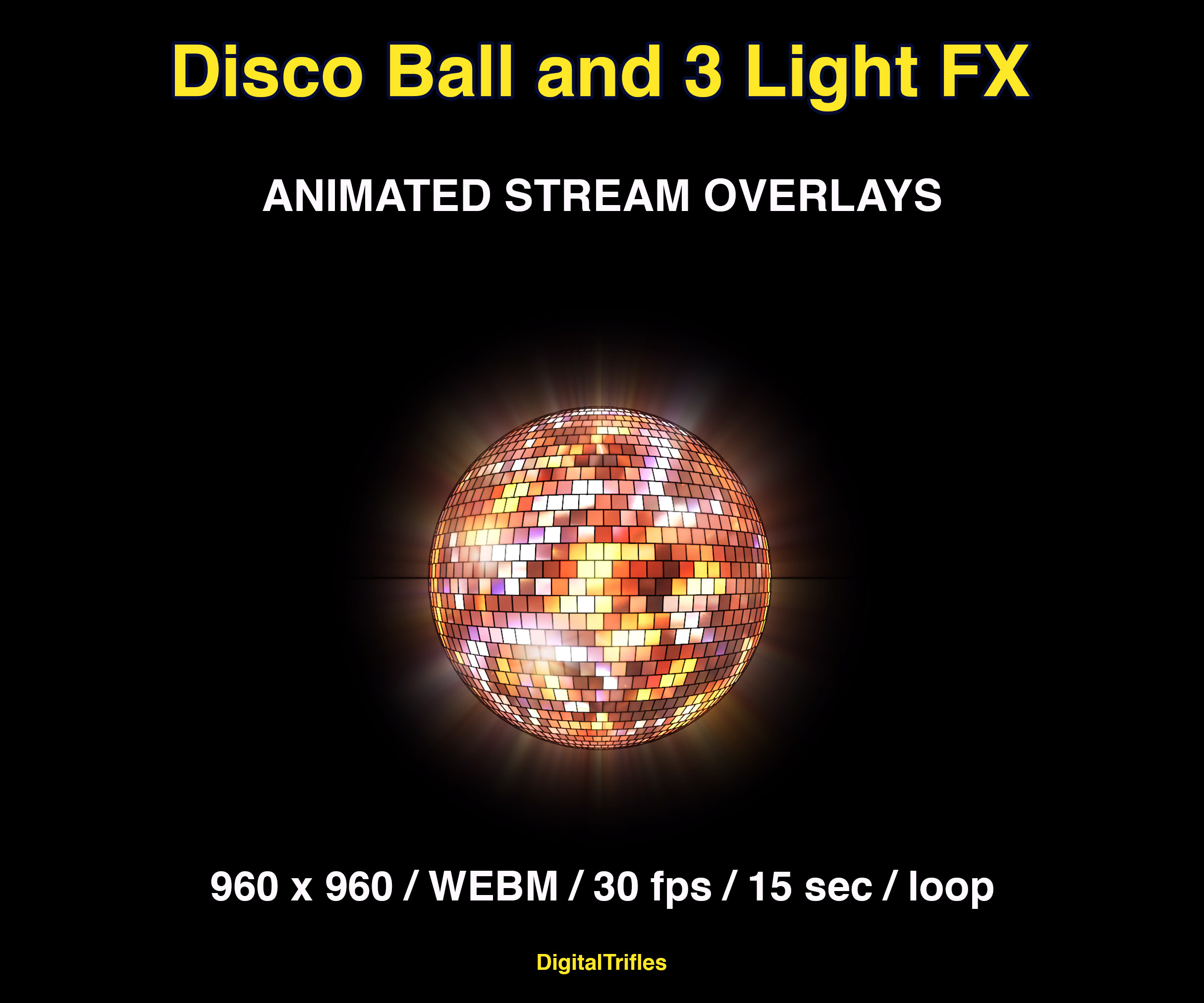 Animated stage light overlay package for streamers and VTubers. This pack brings dynamic light beams and effects, creating a vivid and professional stage look. And also a cool animated disco ball with golden glitter
