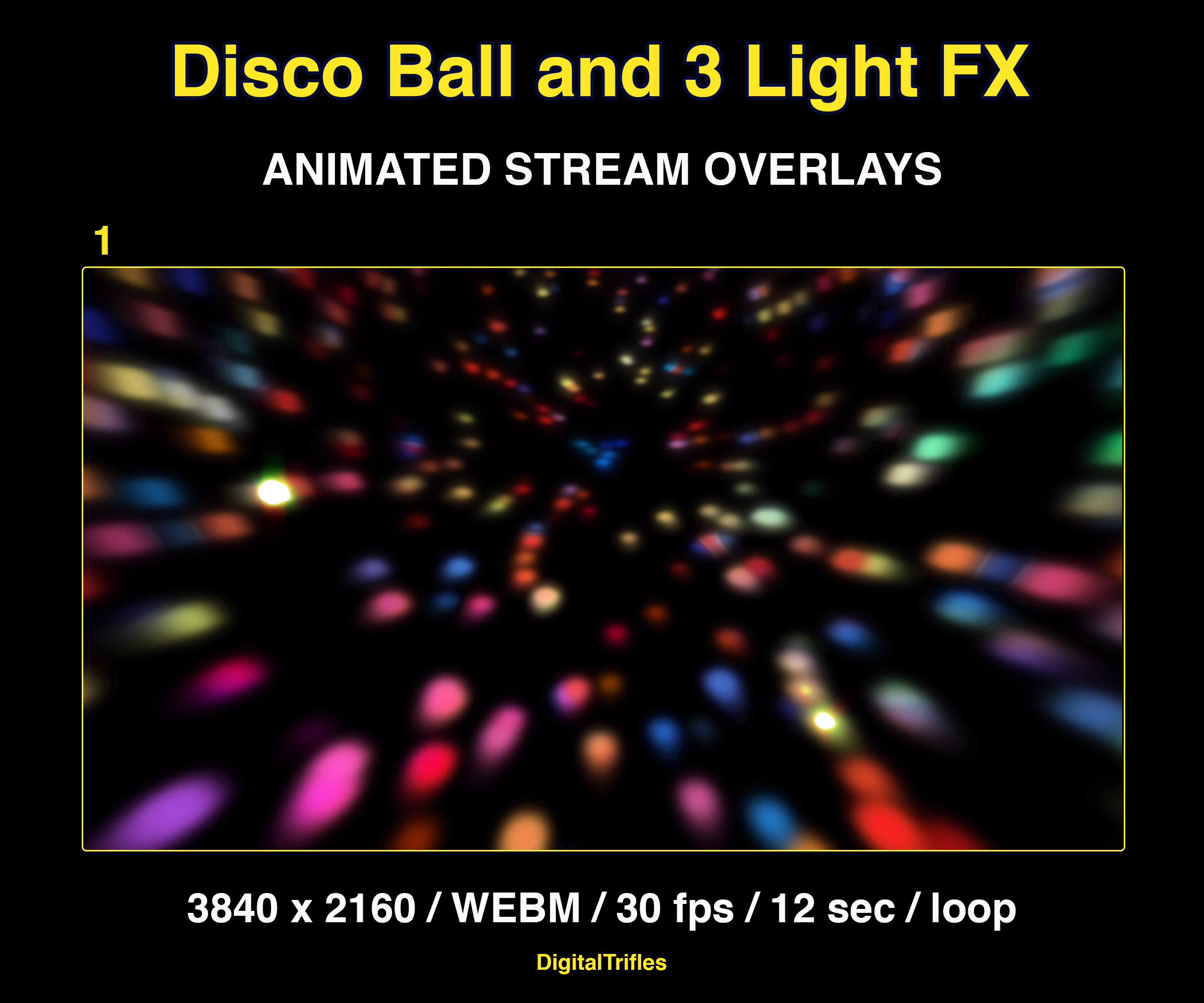 Animated stage light overlay package for streamers and VTubers. This pack brings dynamic light beams and effects, creating a vivid and professional stage look. And also a cool animated disco ball with golden glitter