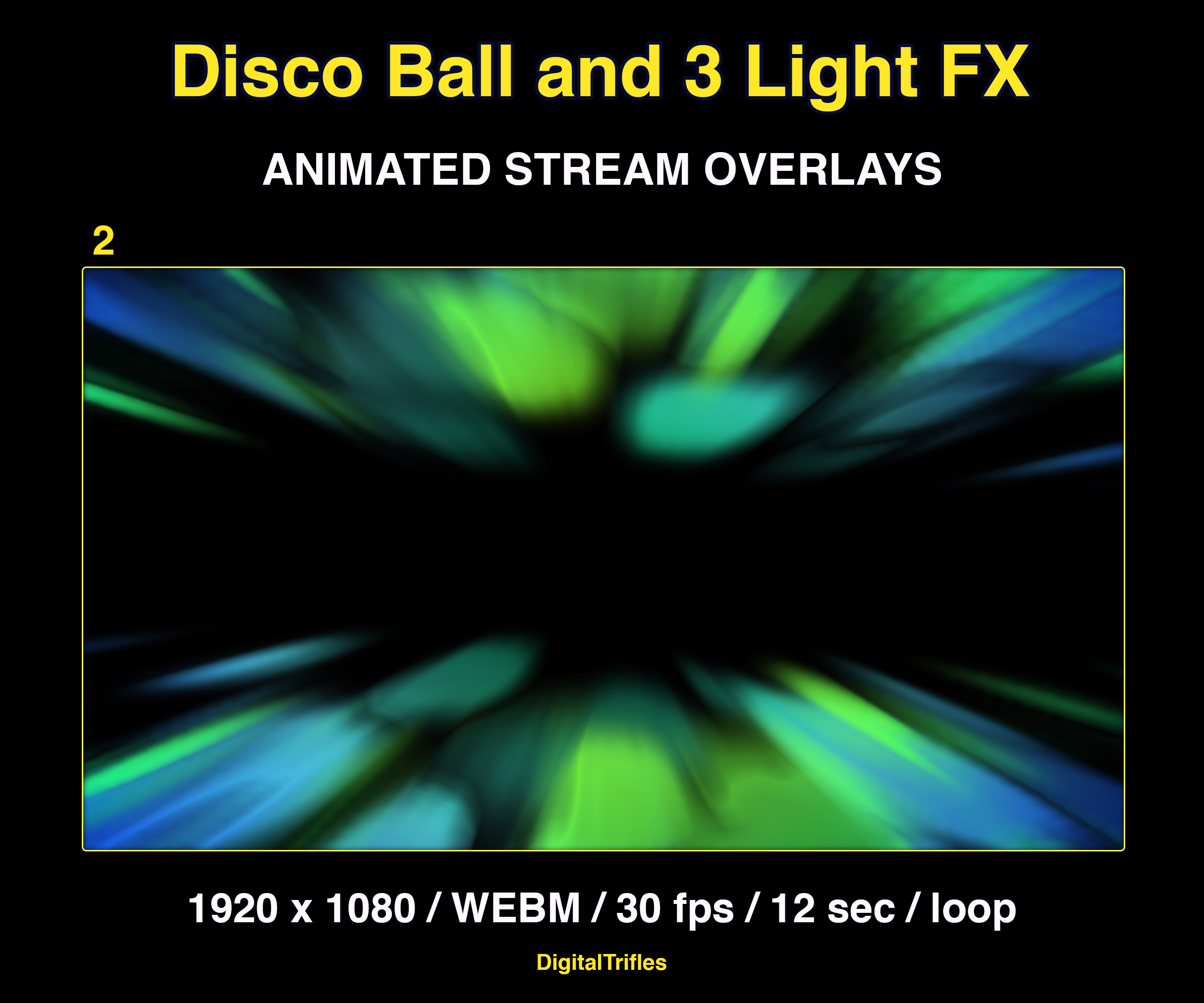 Animated stage light overlay package for streamers and VTubers. This pack brings dynamic light beams and effects, creating a vivid and professional stage look. And also a cool animated disco ball with golden glitter