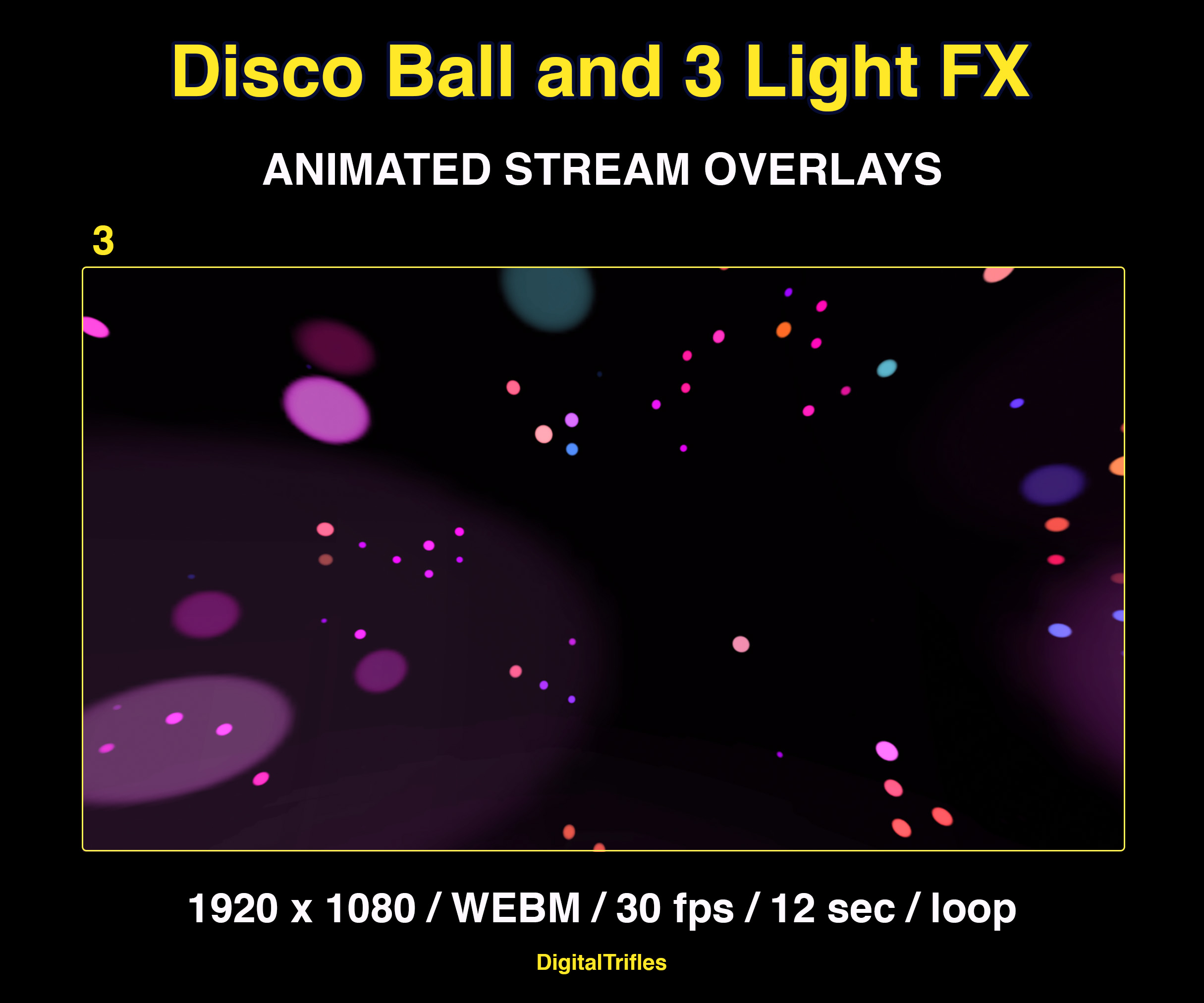 Animated stage light overlay package for streamers and VTubers. This pack brings dynamic light beams and effects, creating a vivid and professional stage look. And also a cool animated disco ball with golden glitter