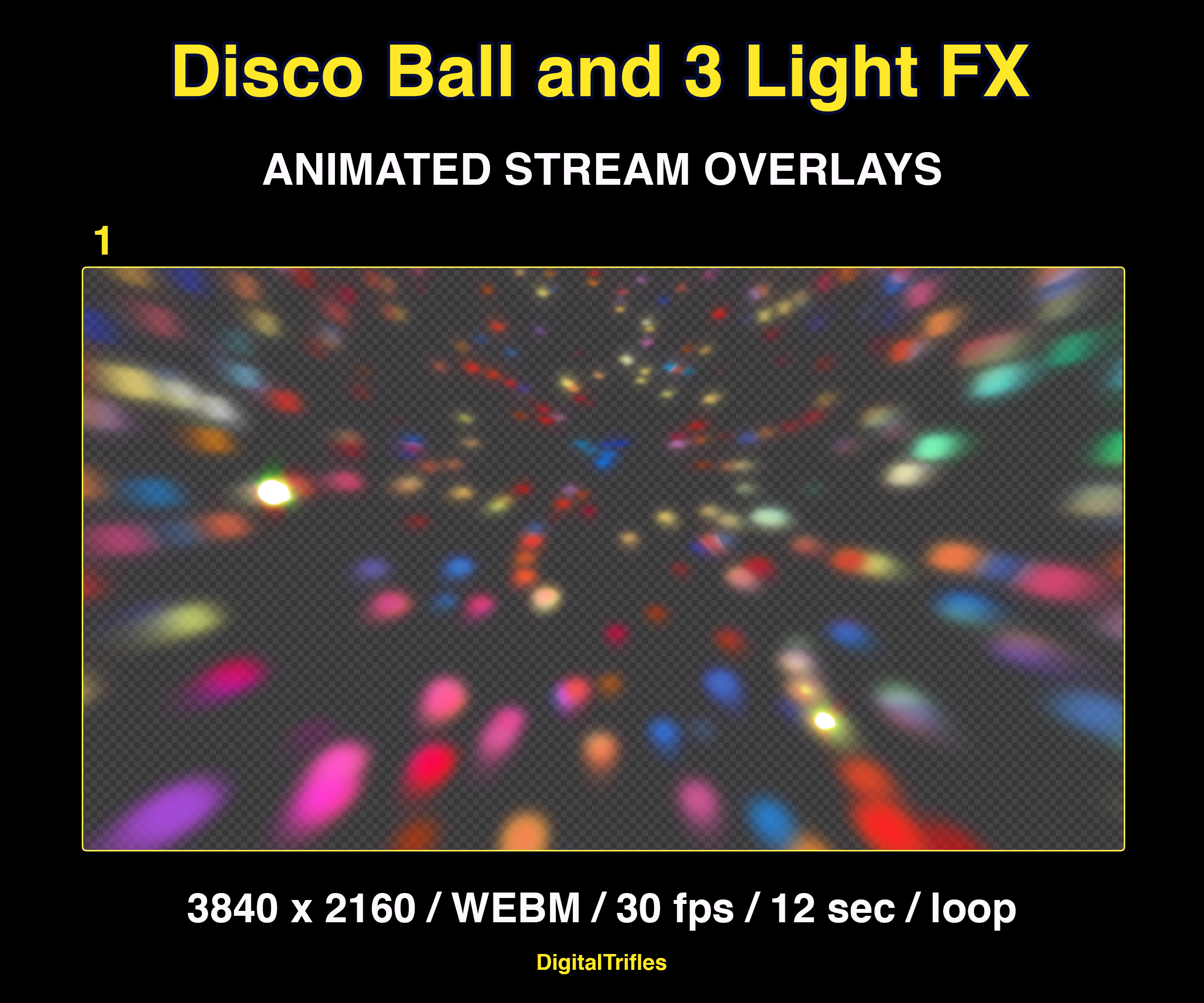 Animated stage light overlay package for streamers and VTubers. This pack brings dynamic light beams and effects, creating a vivid and professional stage look. And also a cool animated disco ball with golden glitter