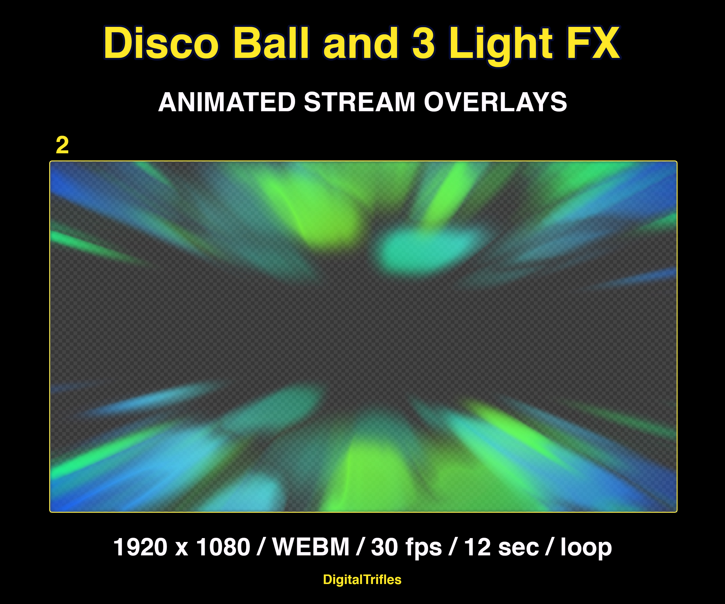 Animated stage light overlay package for streamers and VTubers. This pack brings dynamic light beams and effects, creating a vivid and professional stage look. And also a cool animated disco ball with golden glitter