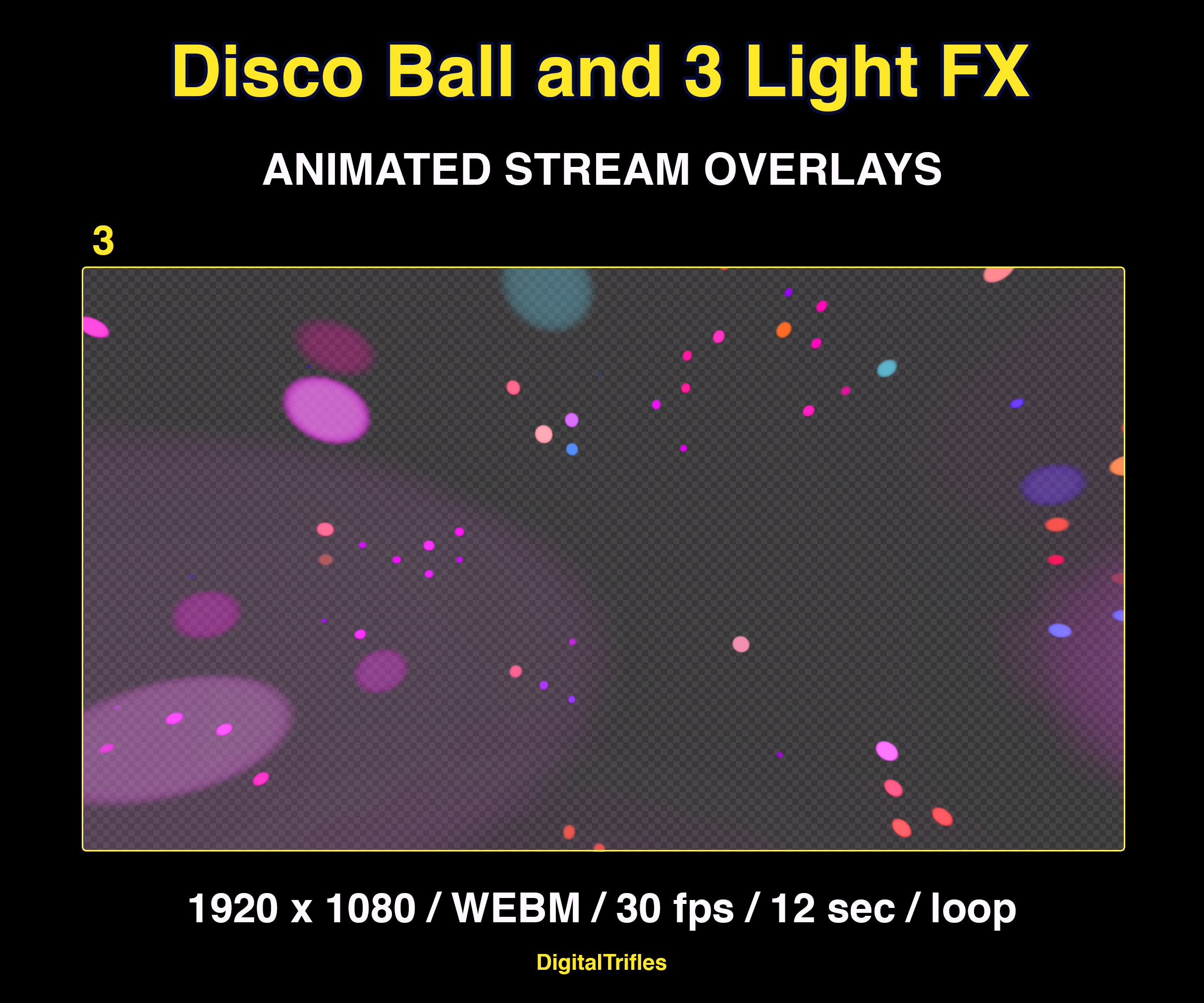 Animated stage light overlay package for streamers and VTubers. This pack brings dynamic light beams and effects, creating a vivid and professional stage look. And also a cool animated disco ball with golden glitter