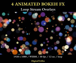 Animated bokeh Twitch overlay package, loop stream decoration with transparent background. This set includes 4 seamless overlays with soft defocused light spots and glowing blur effects. Designed to create cinematic lighting and add some life and atmosphere to your stream. Suitable for gaming, music streams, DJ sets, Just Chatting, and VTuber content