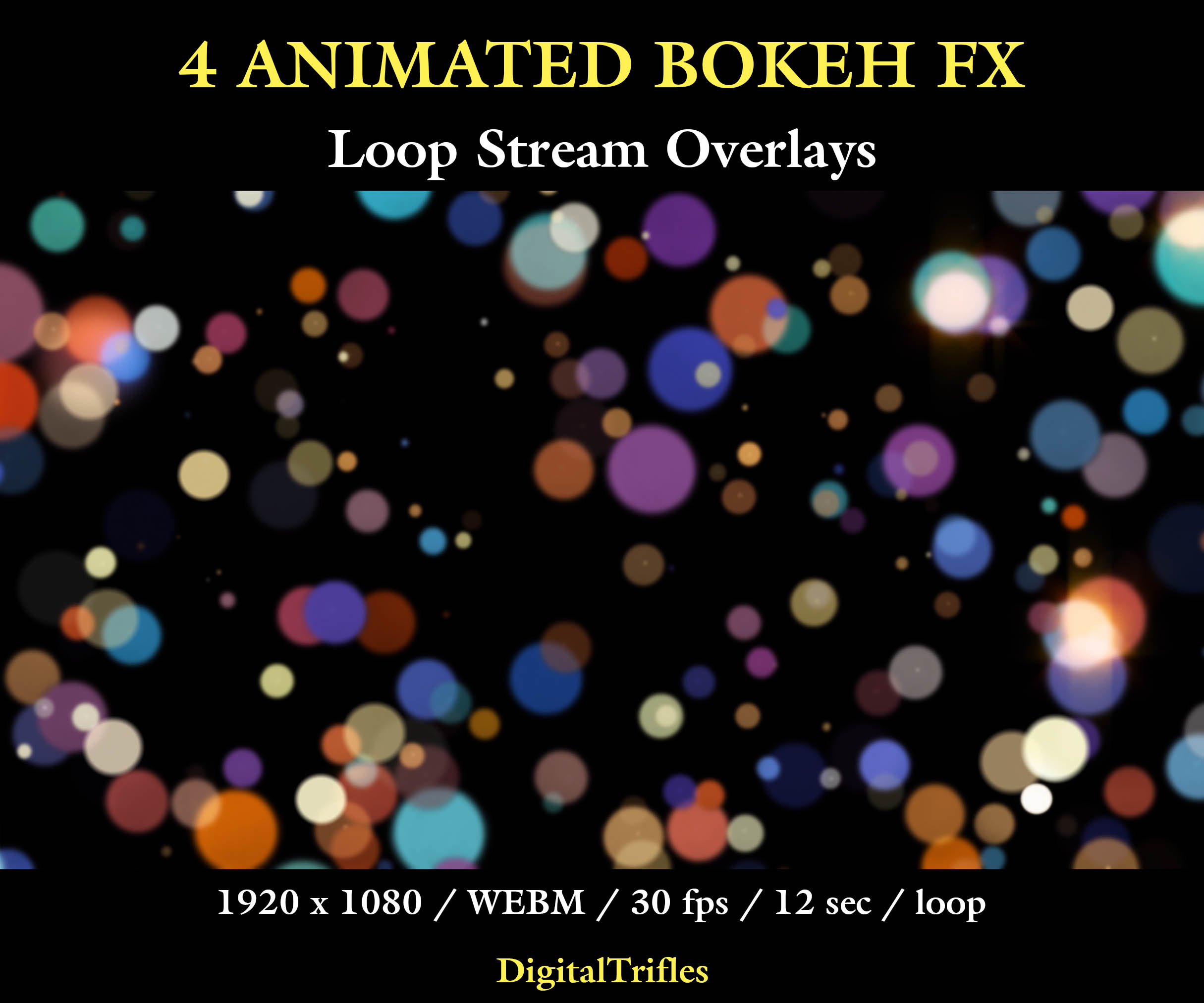 Animated bokeh Twitch overlay package, loop stream decoration with transparent background. This set includes 4 seamless overlays with soft defocused light spots and glowing blur effects. Designed to create cinematic lighting and add some life and atmosphere to your stream. Suitable for gaming, music streams, DJ sets, Just Chatting, and VTuber content