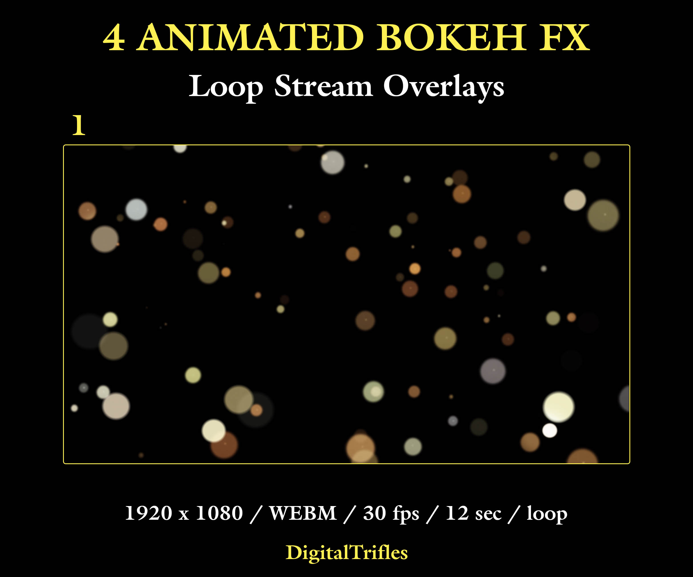Animated bokeh Twitch overlay package, loop stream decoration with transparent background. This set includes 4 seamless overlays with soft defocused light spots and glowing blur effects. Designed to create cinematic lighting and add some life and atmosphere to your stream. Suitable for gaming, music streams, DJ sets, Just Chatting, and VTuber content