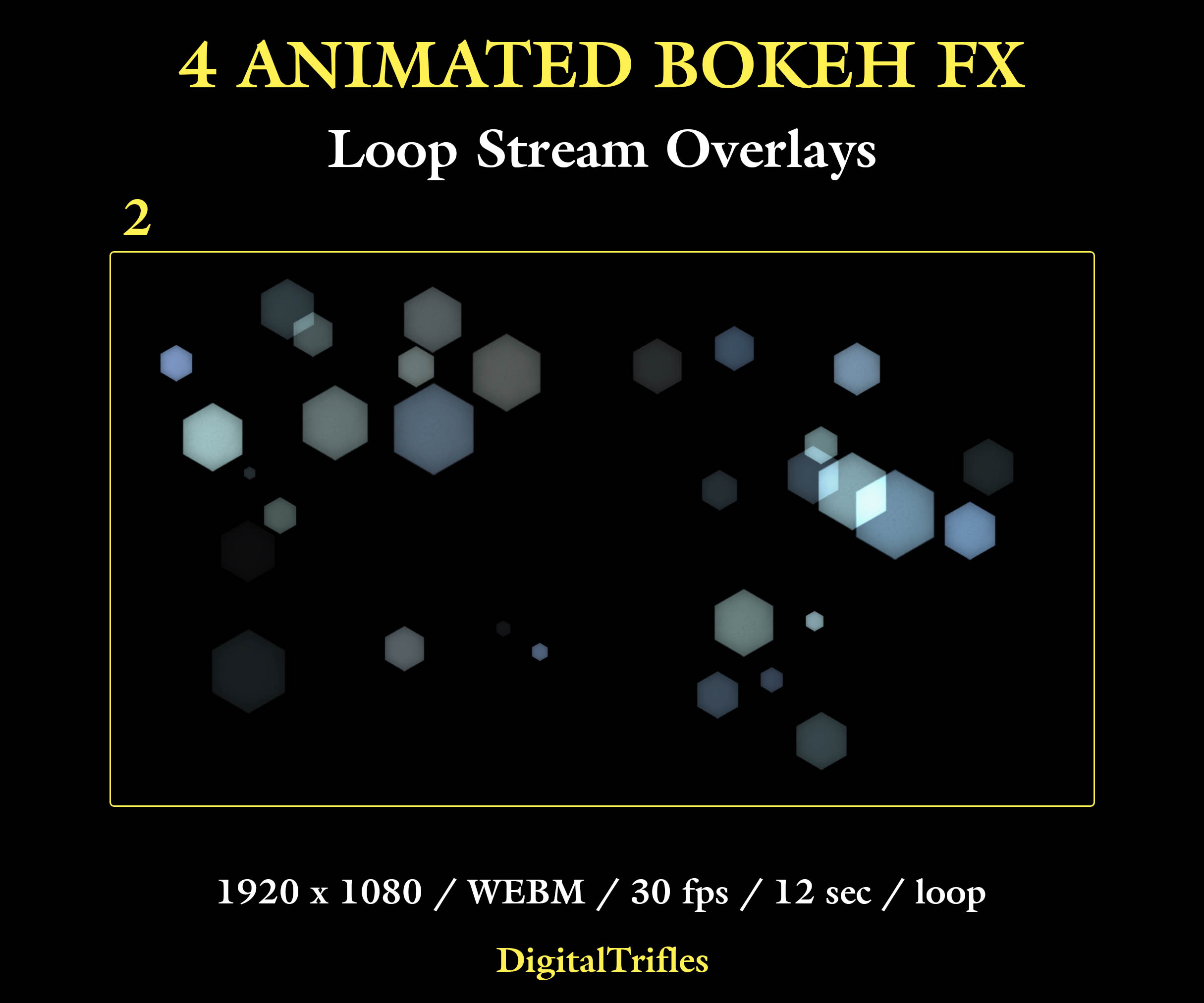 Animated bokeh Twitch overlay package, loop stream decoration with transparent background. This set includes 4 seamless overlays with soft defocused light spots and glowing blur effects. Designed to create cinematic lighting and add some life and atmosphere to your stream. Suitable for gaming, music streams, DJ sets, Just Chatting, and VTuber content