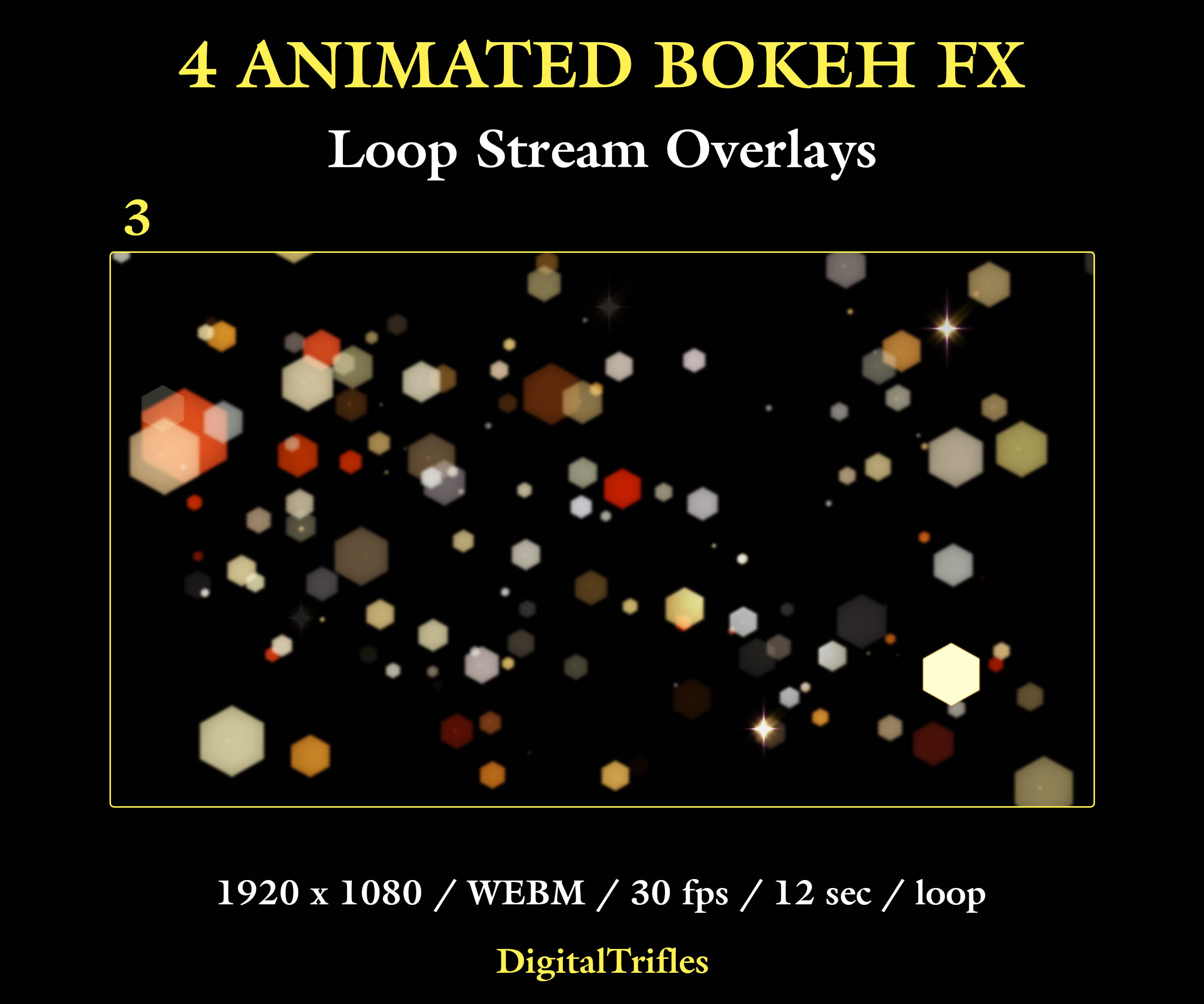 Animated bokeh Twitch overlay package, loop stream decoration with transparent background. This set includes 4 seamless overlays with soft defocused light spots and glowing blur effects. Designed to create cinematic lighting and add some life and atmosphere to your stream. Suitable for gaming, music streams, DJ sets, Just Chatting, and VTuber content
