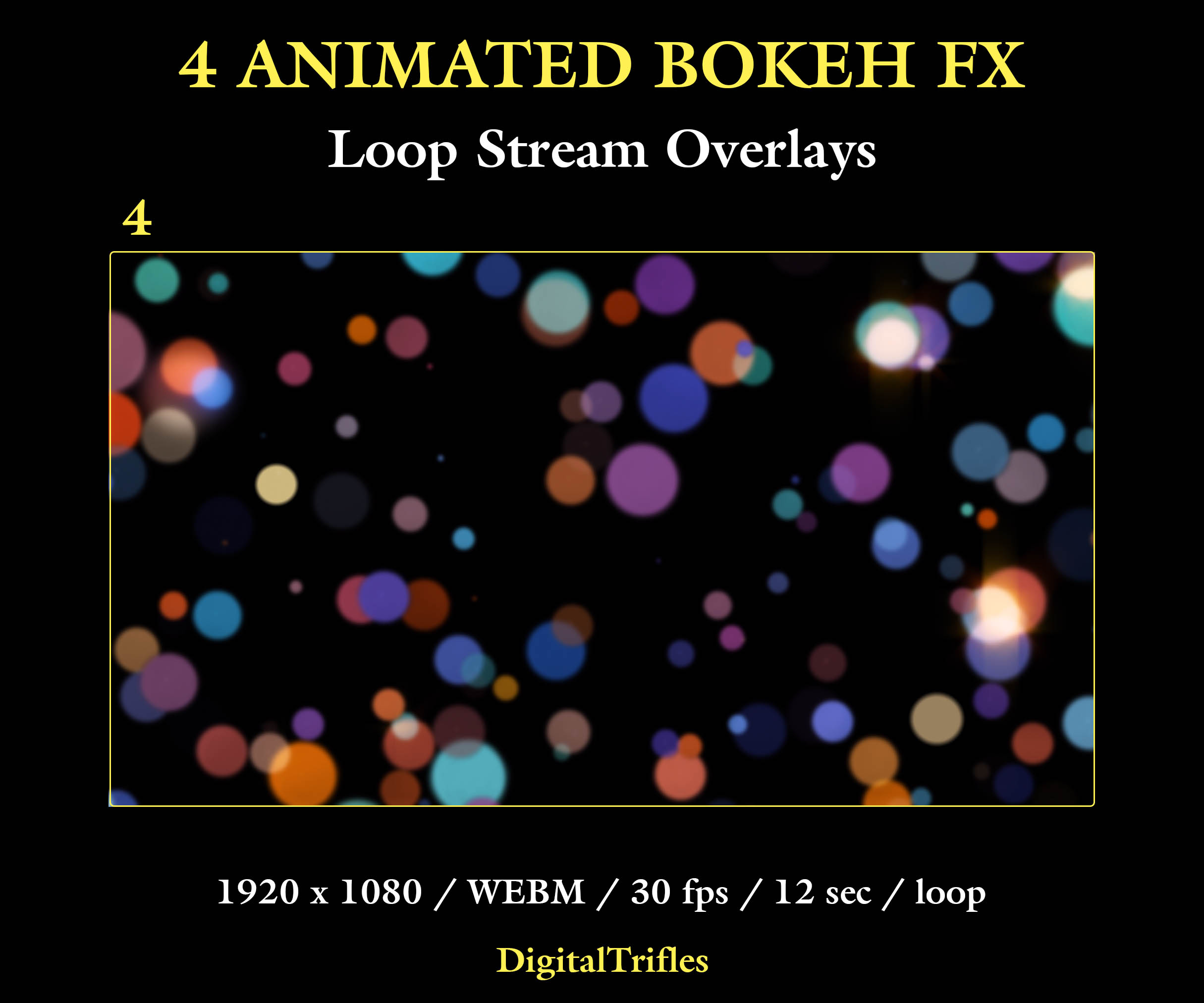 Animated bokeh Twitch overlay package, loop stream decoration with transparent background. This set includes 4 seamless overlays with soft defocused light spots and glowing blur effects. Designed to create cinematic lighting and add some life and atmosphere to your stream. Suitable for gaming, music streams, DJ sets, Just Chatting, and VTuber content