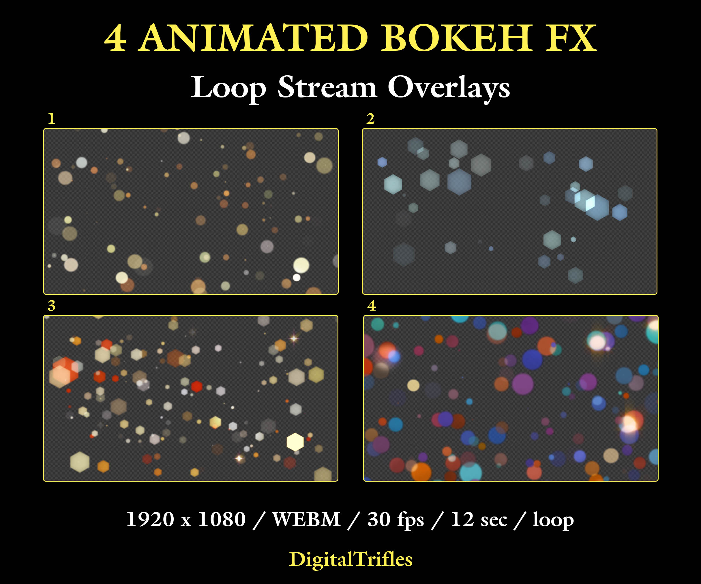 Animated bokeh Twitch overlay package, loop stream decoration with transparent background. This set includes 4 seamless overlays with soft defocused light spots and glowing blur effects. Designed to create cinematic lighting and add some life and atmosphere to your stream. Suitable for gaming, music streams, DJ sets, Just Chatting, and VTuber content