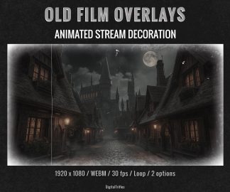 Animated vintage film Twitch or YouTube stream overlays with old movie texture and retro cinema effects. Loop stream decoration with transparent background. This pack includes 2 seamless loop overlays inspired by aged film stock, featuring scratches, dust, flicker, and analog projector atmosphere