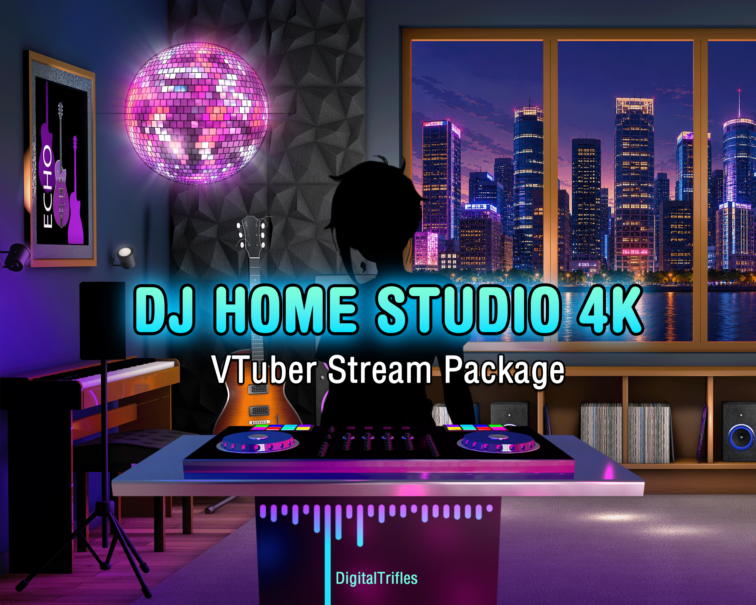 This animated stream package combines a high-resolution VTuber home studio background with a disco ball, DJ booth, and stage light overlay, giving you everything you need to build a complete music streaming setup for DJs, music streamers, singers, VTubers, karaoke hosts, virtual concerts, and live performances. Designed for OBS Studio, Twitch, YouTube, and other streaming platforms