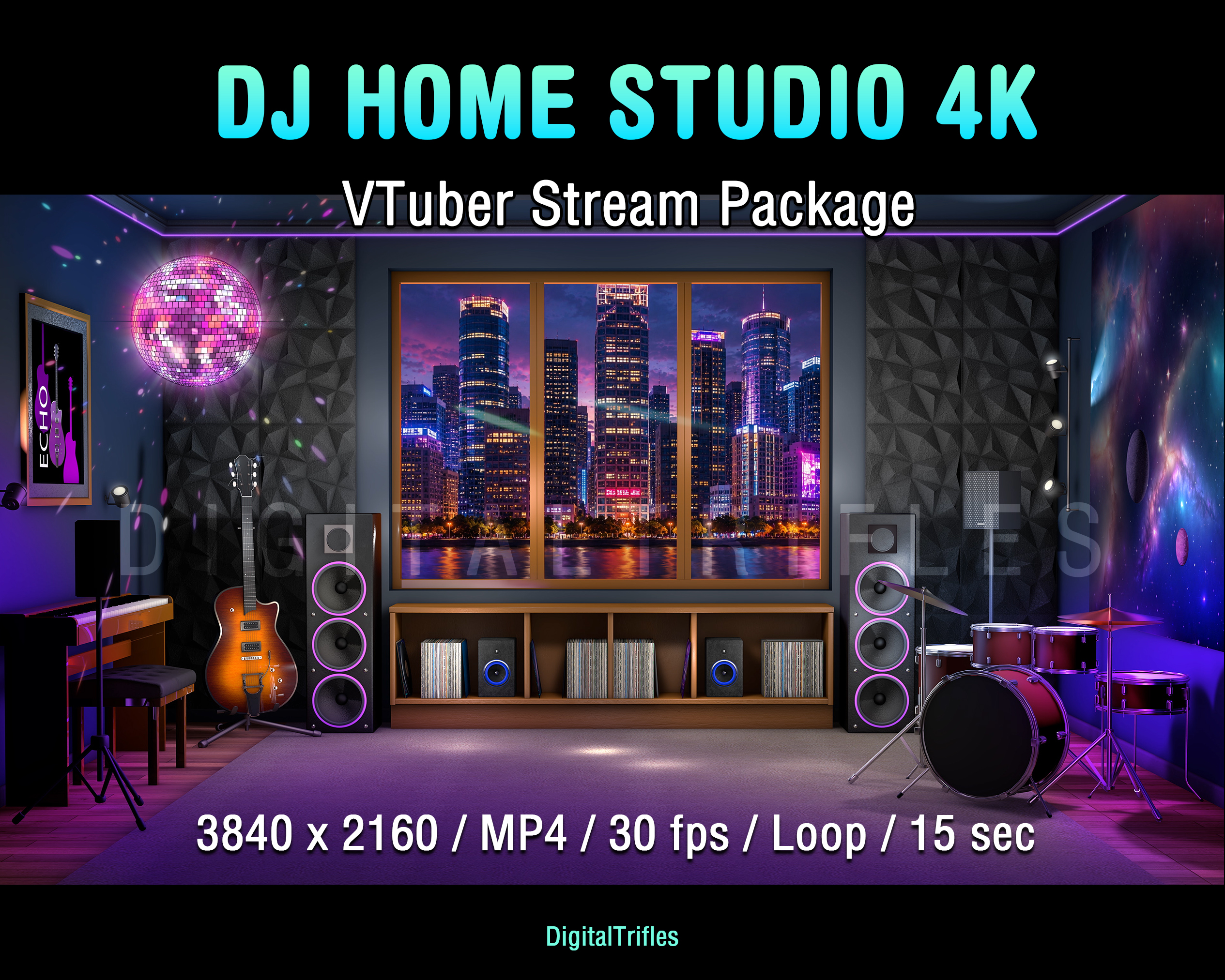 This animated stream package combines a high-resolution VTuber home studio background with a disco ball, DJ booth, and stage light overlay, giving you everything you need to build a complete music streaming setup for DJs, music streamers, singers, VTubers, karaoke hosts, virtual concerts, and live performances. Designed for OBS Studio, Twitch, YouTube, and other streaming platforms