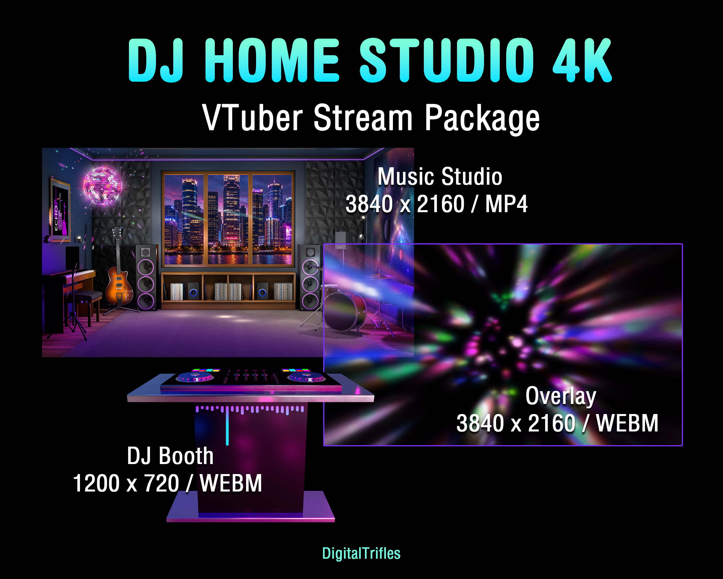 This animated stream package combines a high-resolution VTuber home studio background with a disco ball, DJ booth, and stage light overlay, giving you everything you need to build a complete music streaming setup for DJs, music streamers, singers, VTubers, karaoke hosts, virtual concerts, and live performances. Designed for OBS Studio, Twitch, YouTube, and other streaming platforms