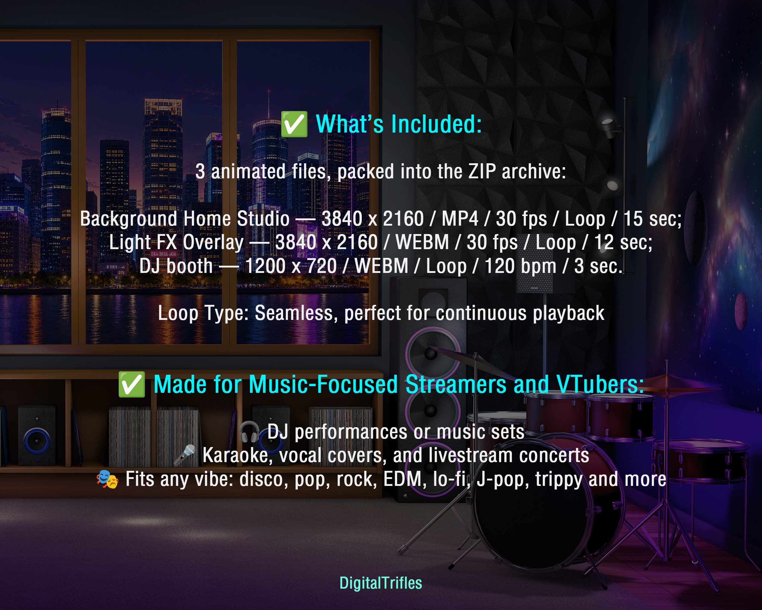 This animated stream package combines a high-resolution VTuber home studio background with a disco ball, DJ booth, and stage light overlay, giving you everything you need to build a complete music streaming setup for DJs, music streamers, singers, VTubers, karaoke hosts, virtual concerts, and live performances. Designed for OBS Studio, Twitch, YouTube, and other streaming platforms