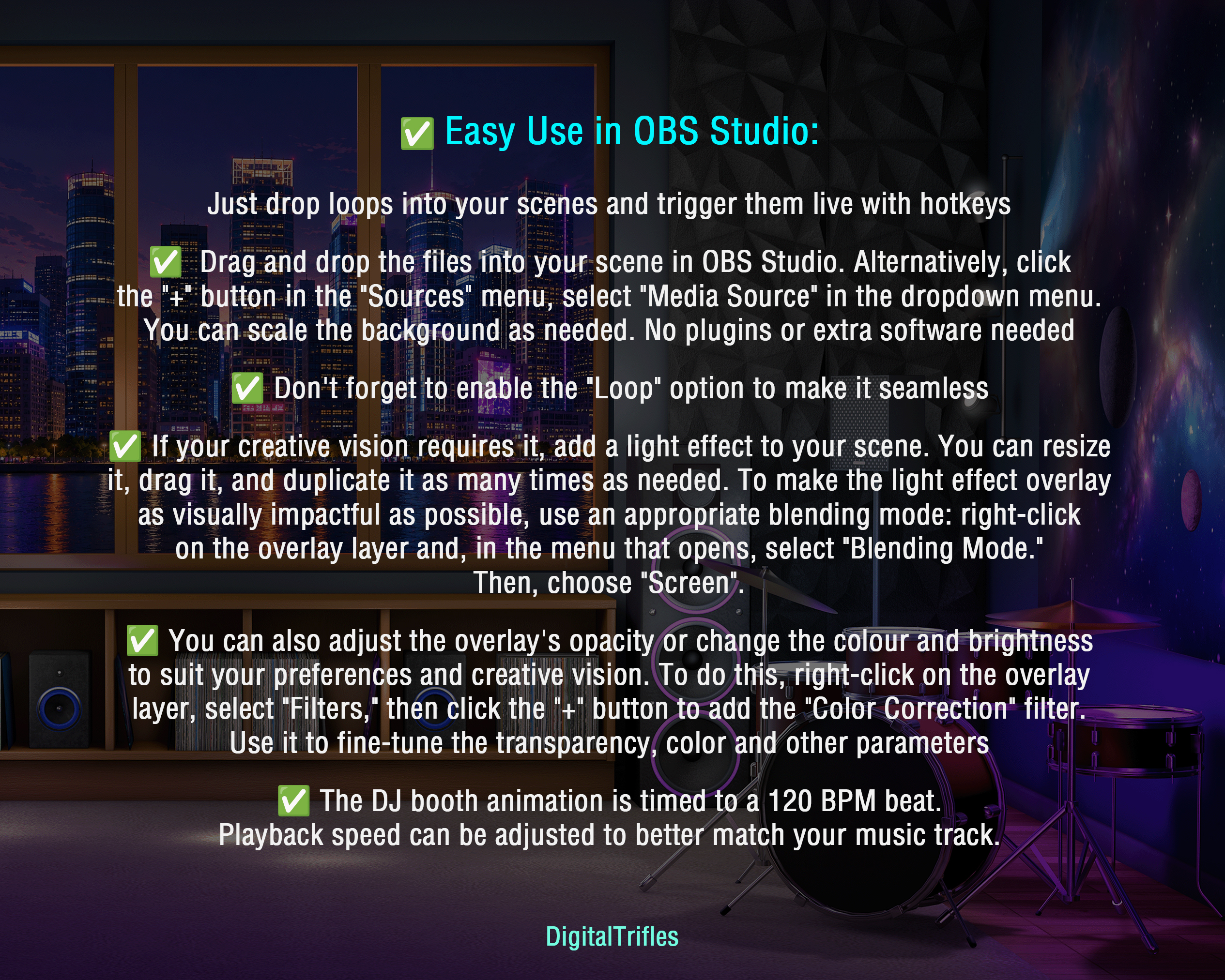 This animated stream package combines a high-resolution VTuber home studio background with a disco ball, DJ booth, and stage light overlay, giving you everything you need to build a complete music streaming setup for DJs, music streamers, singers, VTubers, karaoke hosts, virtual concerts, and live performances. Designed for OBS Studio, Twitch, YouTube, and other streaming platforms